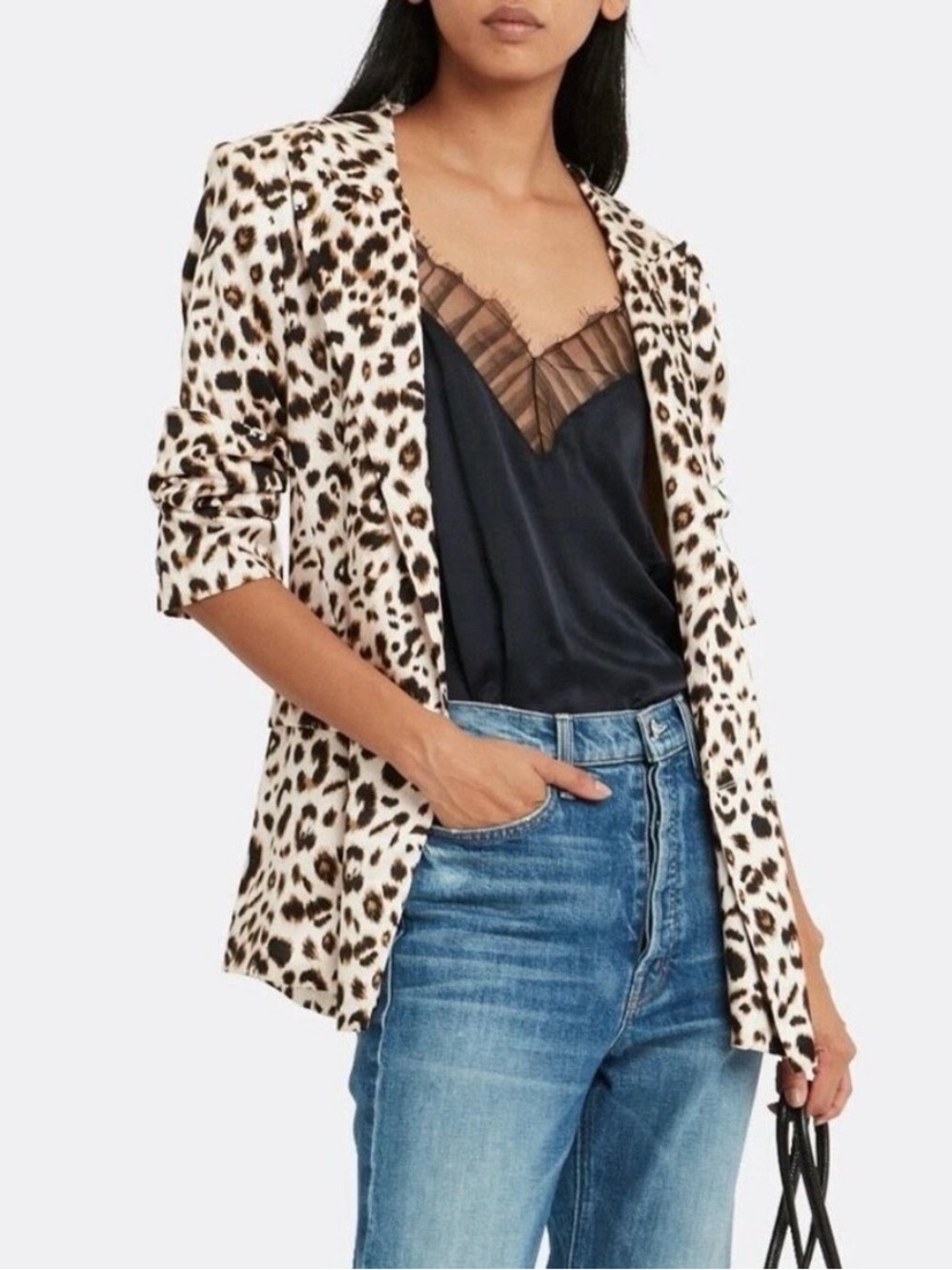 L’AGENCE 6 NWOT Taryn Blazer 100% Silk Leopard Print Double Breasted Tan Black